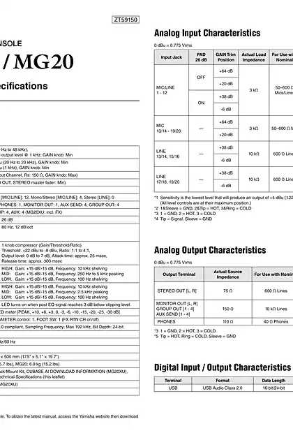 yamaha雅马哈MG20XU_MG20 Technical Specifications